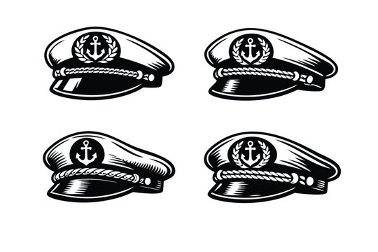Collection of four different captains hats in various black and white vintage illustration styles; nautical marine headwear set ideal for maritime themes, sailor graphics, and retro naval designs.