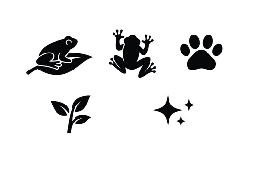 Artistic collection of black graphic frog icons featuring a stylized amphibian on a leaf a climbing tree frog a realistic paw print and a tropical plant element for wildlife nature conservation.