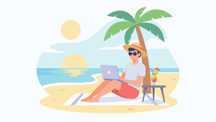 Fototapeta premium Digital Nomad Freelancer Working on a Laptop on a Suny Beach with a Cocktail an Palm Tree. Remote Work Liestyle Concept, Flat Vecto Illustration of a Man Enjying Work-Life Balance Outoors.