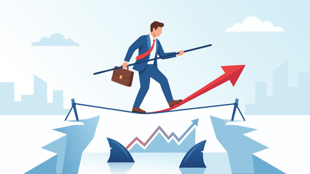 Businessman in Suit Balancing on Tightrope with Briefase over Sharks, Business isk Concept, Flat Vector Ilustration of ProfessionalOvercoming Challenges for rowth, Success, and Stabilty.