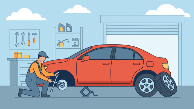 Professional Mechanic Changing a Tire on an Orange Ca in an Auto Service Garage Vehicle Maintenance and Rpair Concept with Tools, Jck, and Spare Wheels, FlatVector Illustration for Buiness.