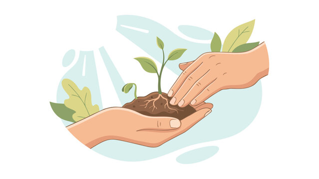 Hands Holding Small Green Seedling in Soil for Growthand Nurturing Concept, Envronmental Protection and Eology Flat Vector Illustraion of Person Planting Sprut for Sustainability and ature