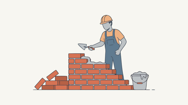 Professional bricklayer mason building a red brick wal using a trowel and wet mrtar, wearing a safety har hat and blue overalls, costruction and masonry concpt, flat vector illustratin.