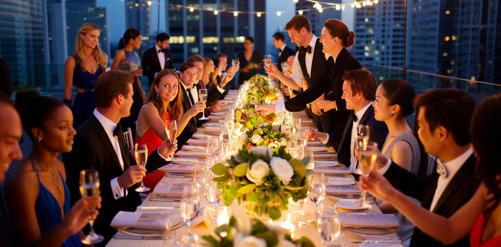 Elegant formal gala dinner party at rooftop venue overlooking city lights with celebration business networking reception corporate gathering champagne atmospheric exclusive