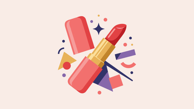 Stylized Open Red Lipstick Tube with Cap, Flat VectorIllustration for Makeup an Cosmetics Concept, Featurng Geometric Shapes and Abtract Elements on a Light ackground for Fashion Desin