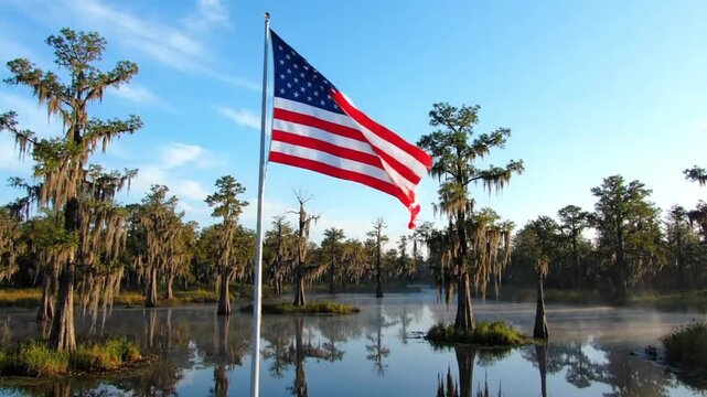 American Flag Waving Over Misty Bayou Landscape with Cypress Trees