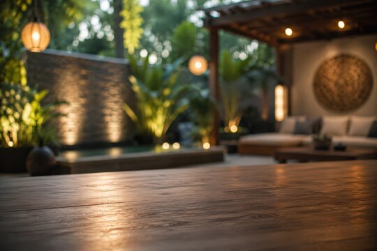 Empty wooden table top outdoor patio garden background night warm lights luxury backyard lifestyle terrace product display mockup