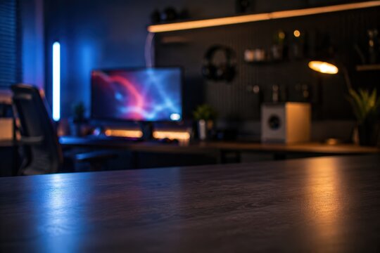 Empty wooden table gaming desk setup blurred background neon lighting workstation home office stream room interior gamer equipment technology