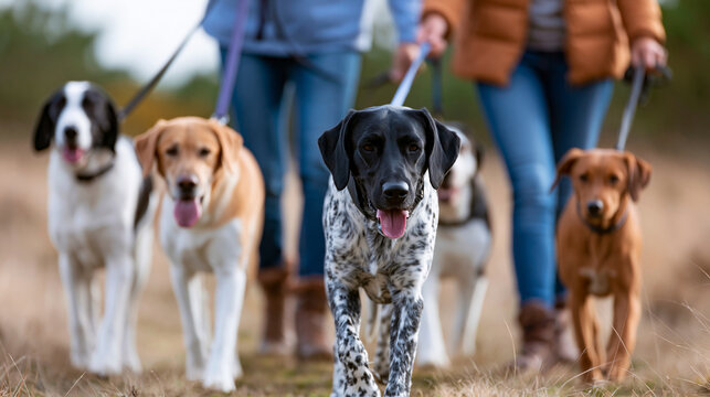 Professional dog walker managing four dogs outdoors, pet sitting service, group dog walk, faceless, defocused nature, with copy space