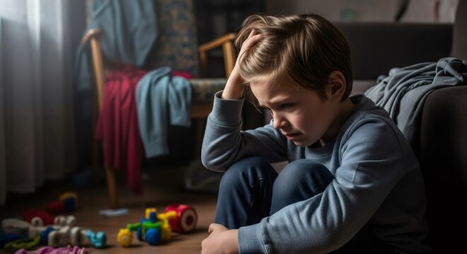 Little boy sitting on floor in messy room, showcasing stress or sadness. Concept of neurodiversity, autism spectrum disorder for child mental health awareness.