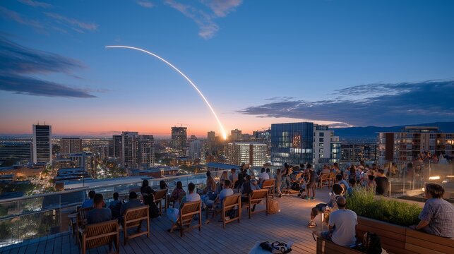 Busy urban rooftop in a megacity at dusk where a crowd watches a private rocket arc silently overhead leaving a white contrail against deep orange sky, ideal for commercial space race, and modern