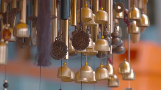 A multitude of shiny gilded tubular wind chimes with bells and engraved Hindu Om signs hang in a row and sway in the wind, producing melodic sounds
