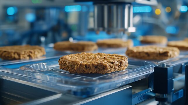 Plant-based burger production line close-up, robotic arms depositing pea protein patties into biodegradable trays, blue hygienic lighting throughout the chilled processing zone, ideal for vegan