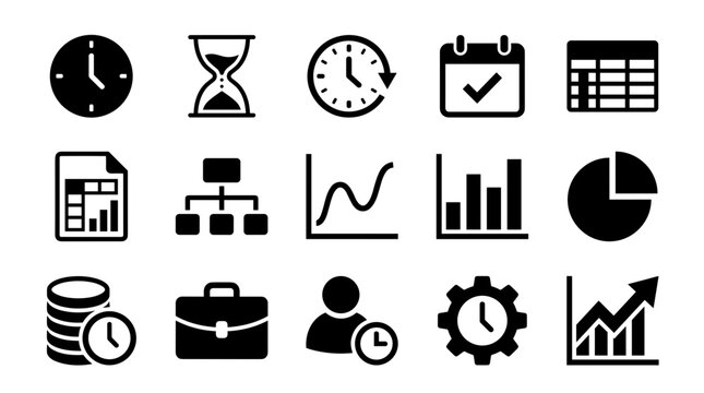 Business Analytics and Time Management Icon Collection with Charts, Calendar, Clock, Reports, and Productivity Symbols for Office Vector Design