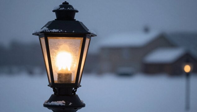 Street light glows warmly in the falling snow of a cold winter evening