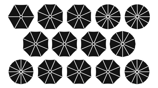 Top View Umbrella Silhouette Vector Set with Circular Canopy Shapes for Rain Protection, Weather Icons, and Outdoor Design Elements