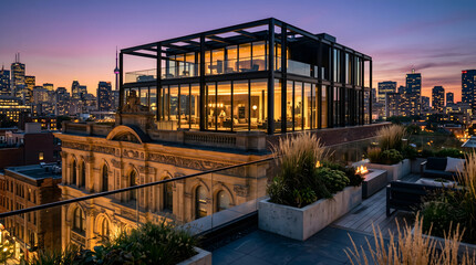 Fototapeta premium Modern rooftop terrace with expansive city skyline views at dusk, featuring architectural elements and decorative plants.