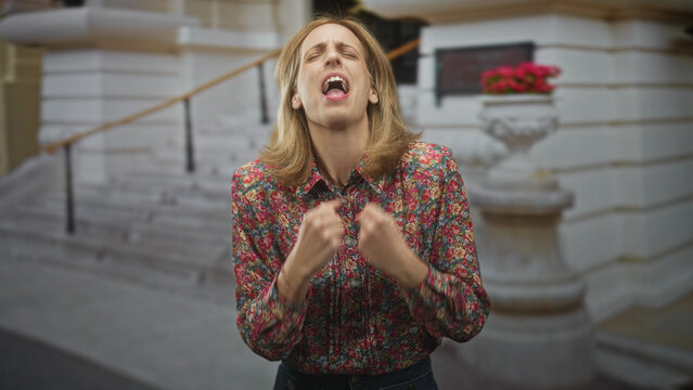 Woman clutches blouse with hands and mouth open in front of building stairs and planter; emotional release frustration.