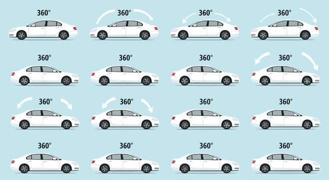 White sedan car rotating 360 degrees detailed views on light blue background