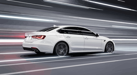 Fototapeta premium White sedan car speeding on road with motion blur effect