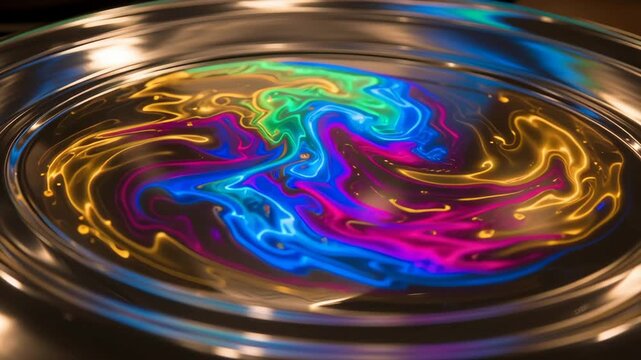 Colorful oil slick on water surface.