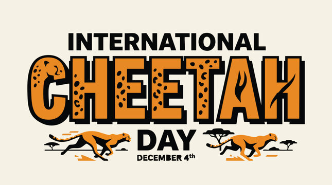 International Cheetah Day logo in bold orange and black text with cheetah silhouettes for wildlife conservation awareness
