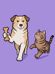 Fototapeta premium A cartoon collie holding a dog bone walking with a tabby cat