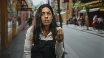 Obraz premium Young hispanic woman making a pinched fingers hand gesture toward camera while leaning forward on a busy city street; impatience.
