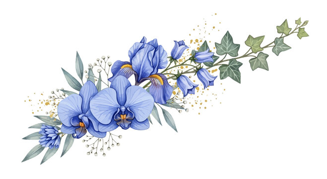 Watercolor floral arrangement featuring blue irises orchids and leaves on white
