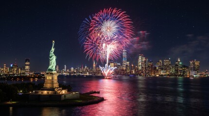 Naklejka premium Spectacular fireworks display exploding over New York City skyline and Statue of Liberty at night long exposure 4th of July