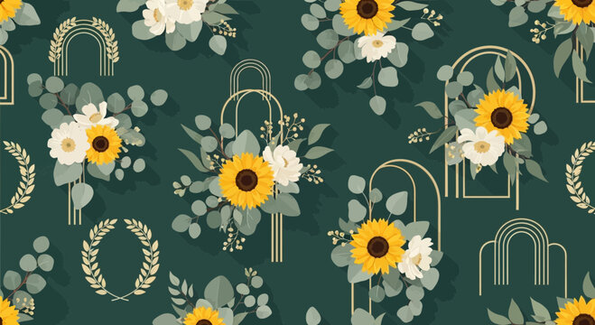Floral pattern with sunflowers and arches for decorative design elements