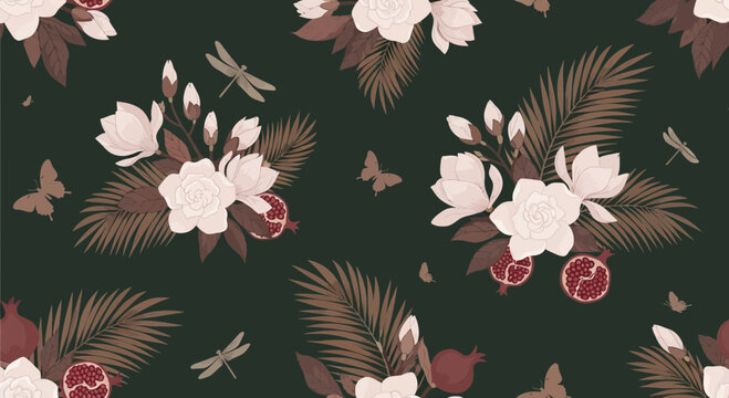 Floral pattern with white flowers palm leaves butterflies and dragonflies