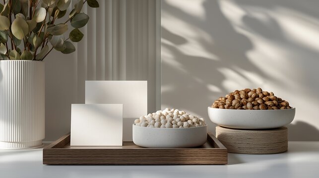 Minimalist studio arrangement of a deconstructed sustainable packaging system, compostable peanuts, seed paper cards, and bamboo tape displayed on a pure white surface with precise geometric