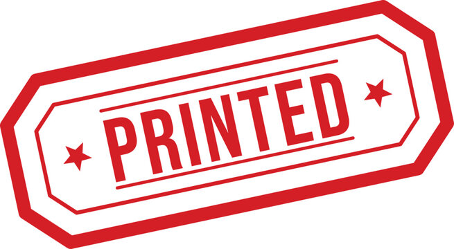 This striking red rectangular stamp features the word PRINTED with decorative stars, indicating a record is complete