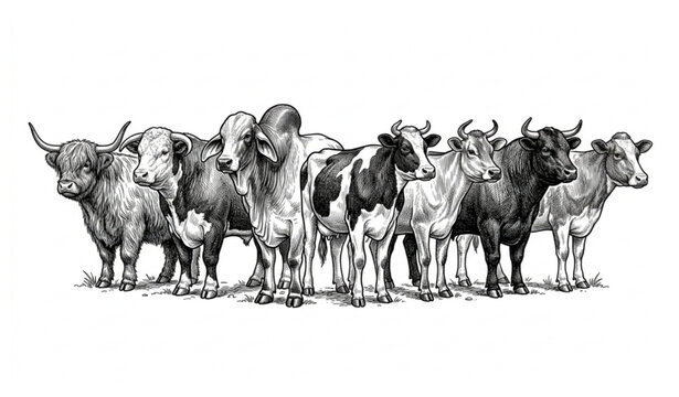 Engraved farm cattle breeds hand drawn monochrome vector illustration vintage livestock sketch