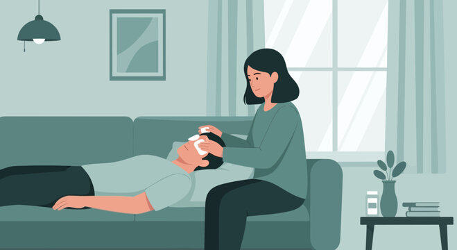 Caring woman applying cold compress to man's forehead on sofa, home healthcare concept