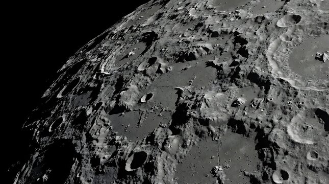Dramatic lunar surface with grey craters and black space background in 3D