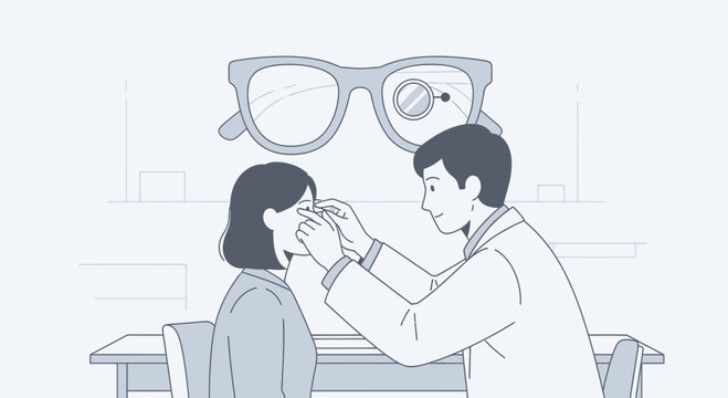 Optometrist examining patient's eye with large glasses in background illustration
