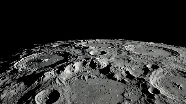 Dramatic lunar south pole craters with black shadows and grey terrain in 3D