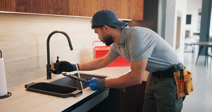 Check, faucet and man in kitchen, plumbing and fixing sink with tools and water inspection in house. Happy, plumber and maintenance with equipment, quality assurance and leak prevention in home