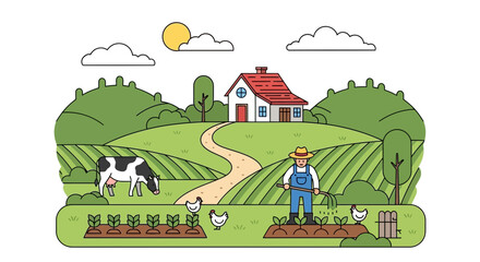 Farm scene with farmer, cow, chickens, house, and fields, illustration, rural landscape © Kibul