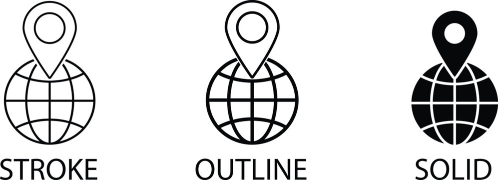 Geolocation globe icon set stroke outline and solid styles for mapping and location services