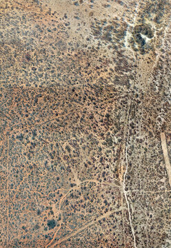 Nadir aerial orthophoto Aerial view of arid landscape with sparse vegetation and dirt tracks