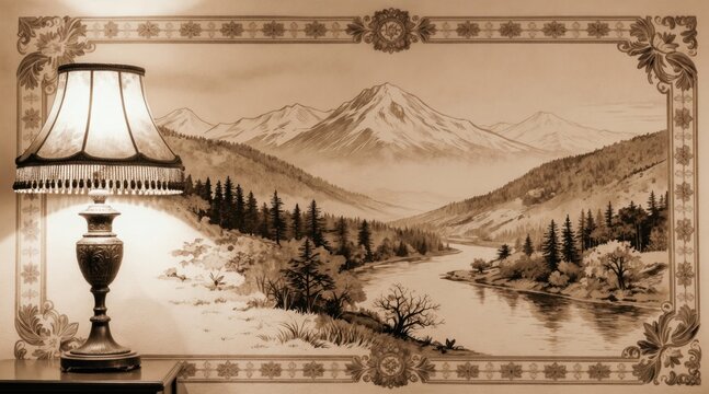 Sepia toned landscape painting shows river valley with pine forest trees and snowy mountains. Ornate lamp sits on table in foreground. Decorative border frames artwork.