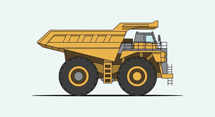 Yellow Mining Dump Truck Illustration, Heavy Duty Vehicle Side View © kopi