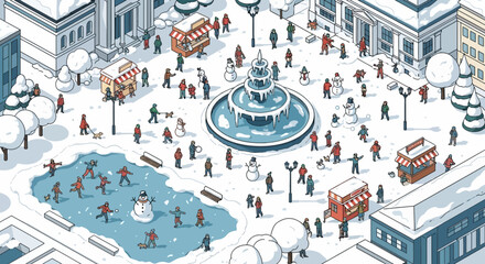 Pixel Art Winter City Square with Fountain, Ice Skating, and Snowmen © Kibul