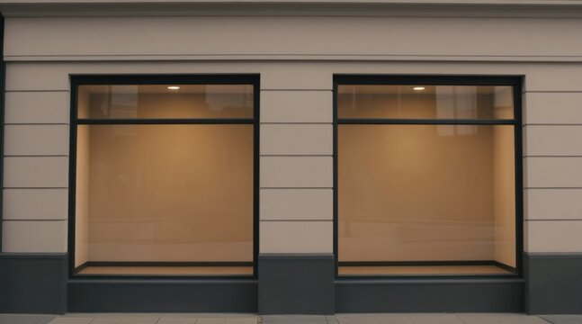 Facade of empty retail store with two large display windows. Storefront clean, modern, illuminated by interior lights casting warm glow on blank space inside. Scene signifies absence of activity,