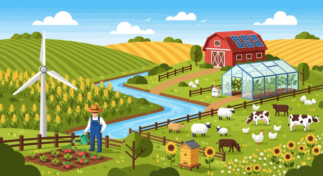 Sustainable Farm Landscape with Farmer, Wind Turbine, Solar Panels, and Greenhouse