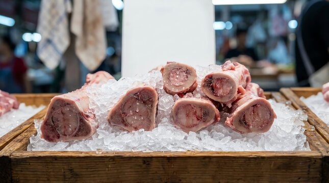 Fresh beef marrow bones displayed on crushed ice inside a rustic wooden crate at a busy local food market stall