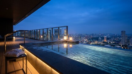 Fototapeta premium Luxury rooftop infinity pool overlooking a glowing city skyline at night captured in this serene and elegant outdoor travel photograph